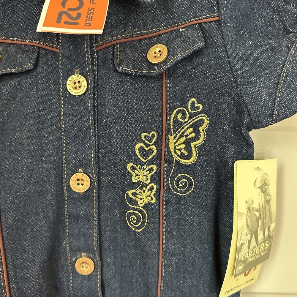 NWT Carter's Watch The Wear Vintage‎ Dark Denim Dress Girls Size 6X Butterflies - Picture 2 of 7